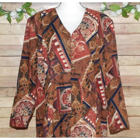 Vintage Diana Marco Brown Maxi Dress Size 22 Patterned Long Sleeve Ethnic Retro - Picture 2 of 12